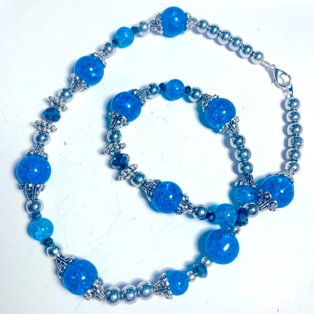 Silver and Blue Crackle Glass Necklace
